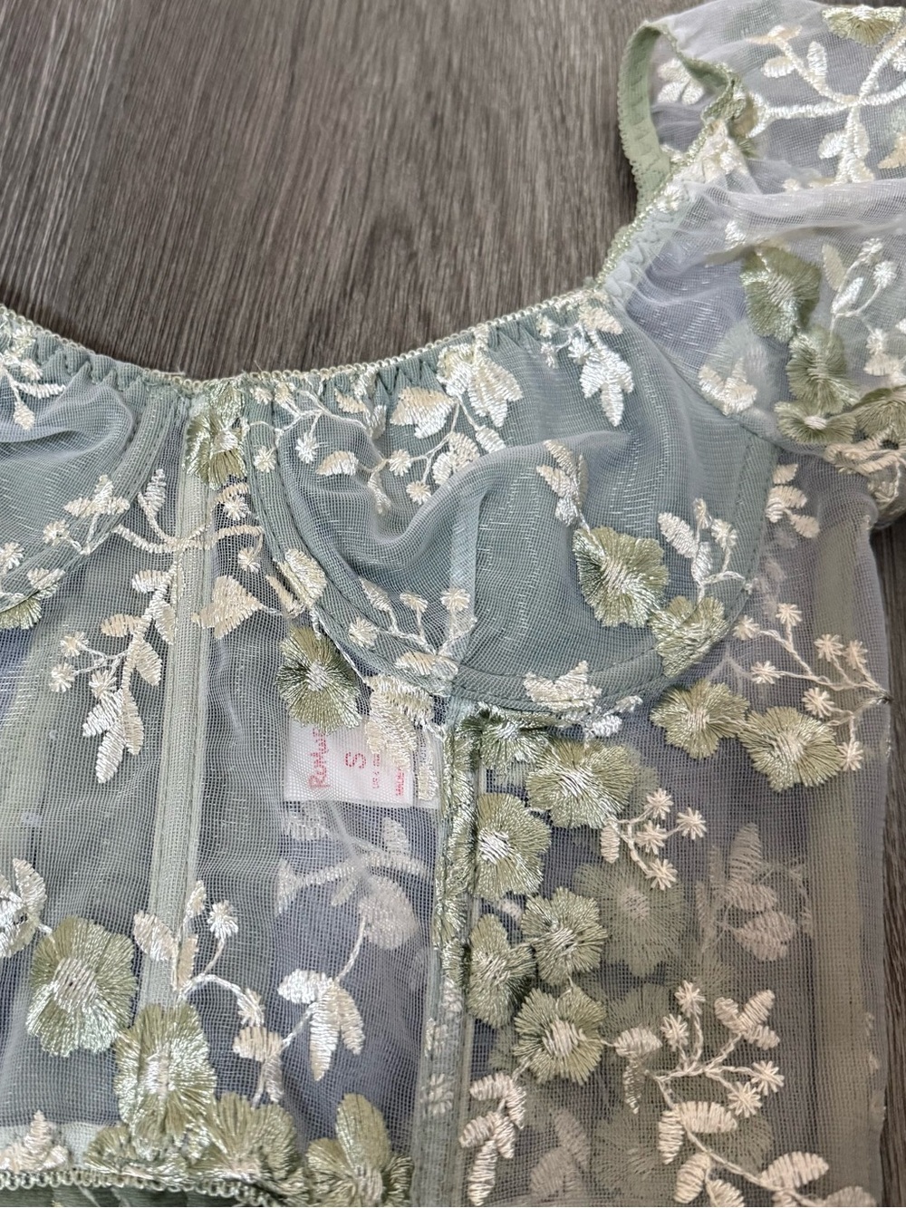 ROMWE Sage Green Floral Puff Sleeve Crop Top Size Small Whimsy Fairy Boho - Picture 5 of 10